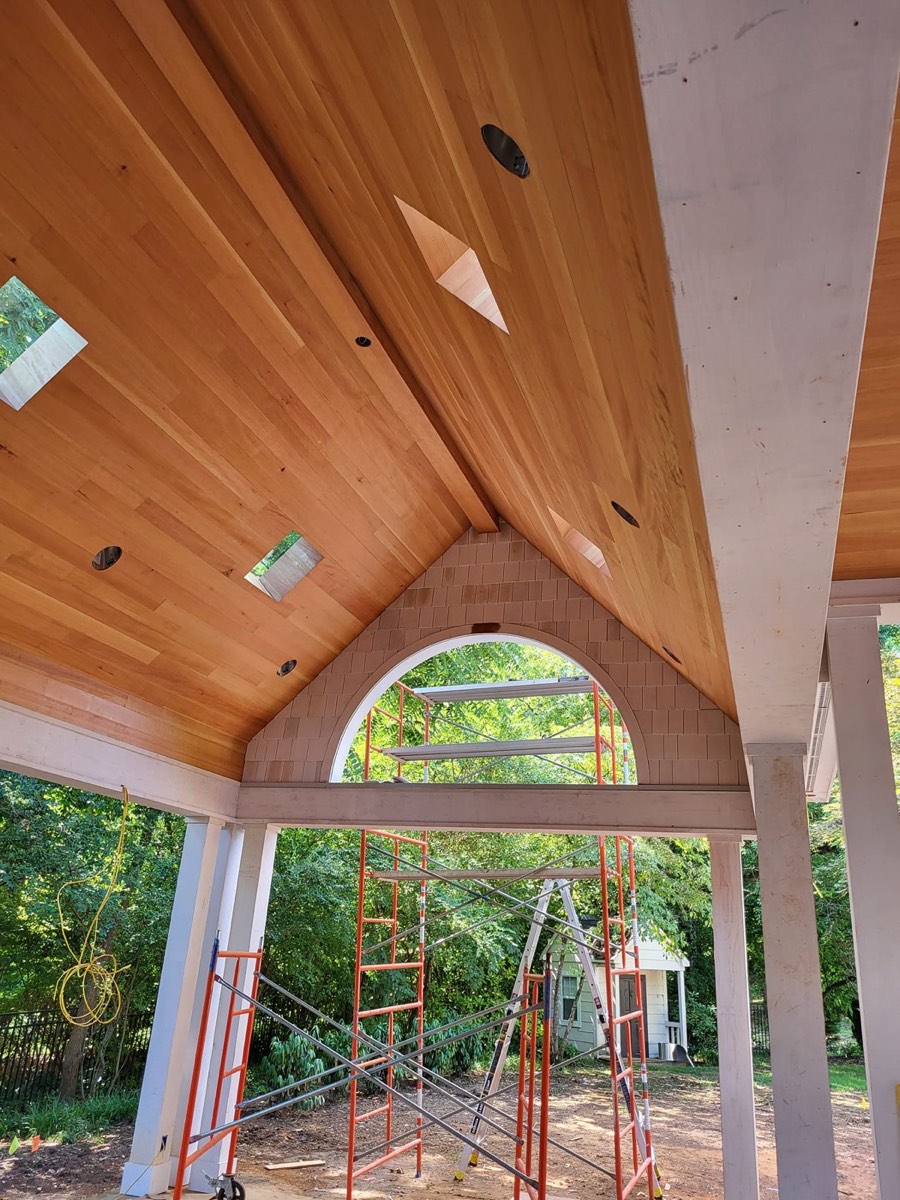 Covered outdoor patio with custom ceiling installation